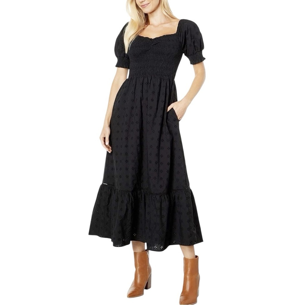 Lost + Wander's La Luna Smocked Bodice Black Cotton Eyelet Maxi Dress Medium